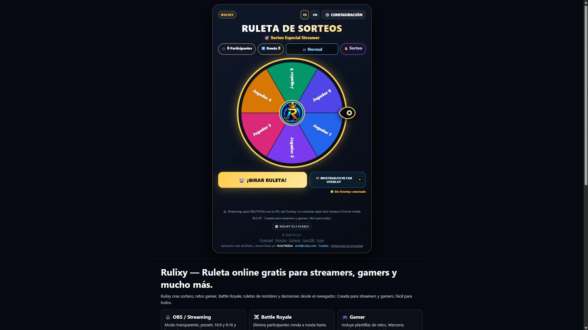 Captura real de RULIXY, ruleta web interactiva para streamers y gamers